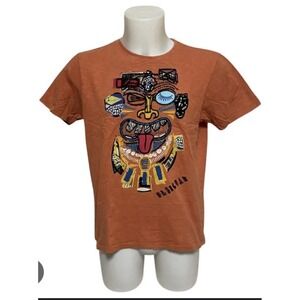 Desigual Man Tribal Tiki Mask Embroidered T-Shirt Men's Medium Burnt Orange